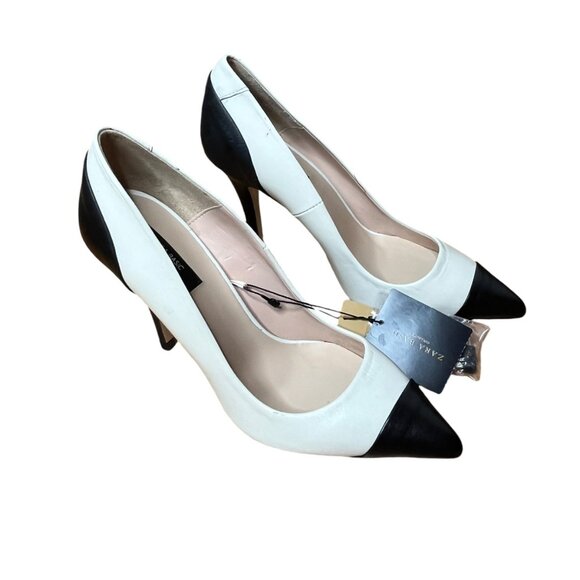 Zara Basic Leather Pointed Toe Heels in Black & White Size 39 with Minor Flaws - Picture 1 of 10